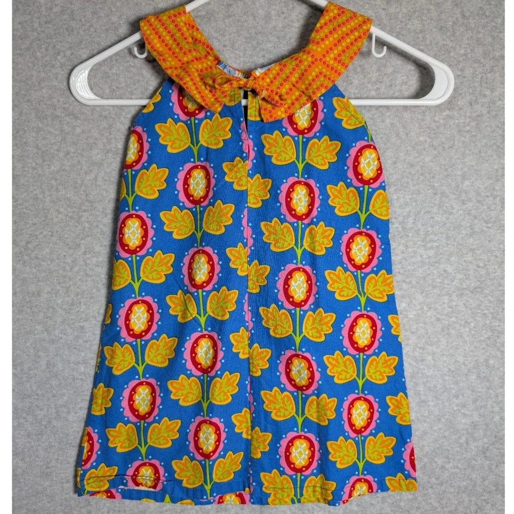 Hippo Hula Girls Dress 4T Blue Floral Halter Orange Polka Dot Collar Kitschy